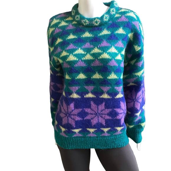Vintage Sweaters - Vintage Gallagher Mohair Geometric Print Snowflake Green Purple Sweater Size S